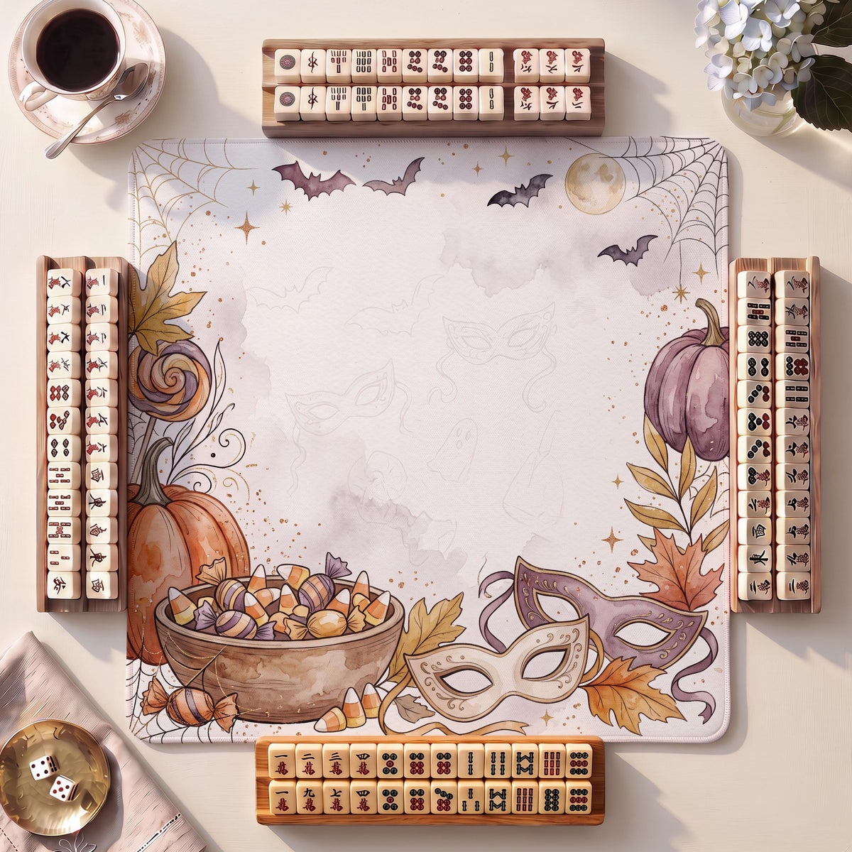 Mahjong Mat, Candy Bowl Masks Halloween Watercolor Print - American Mahjong Gifts and Accessories