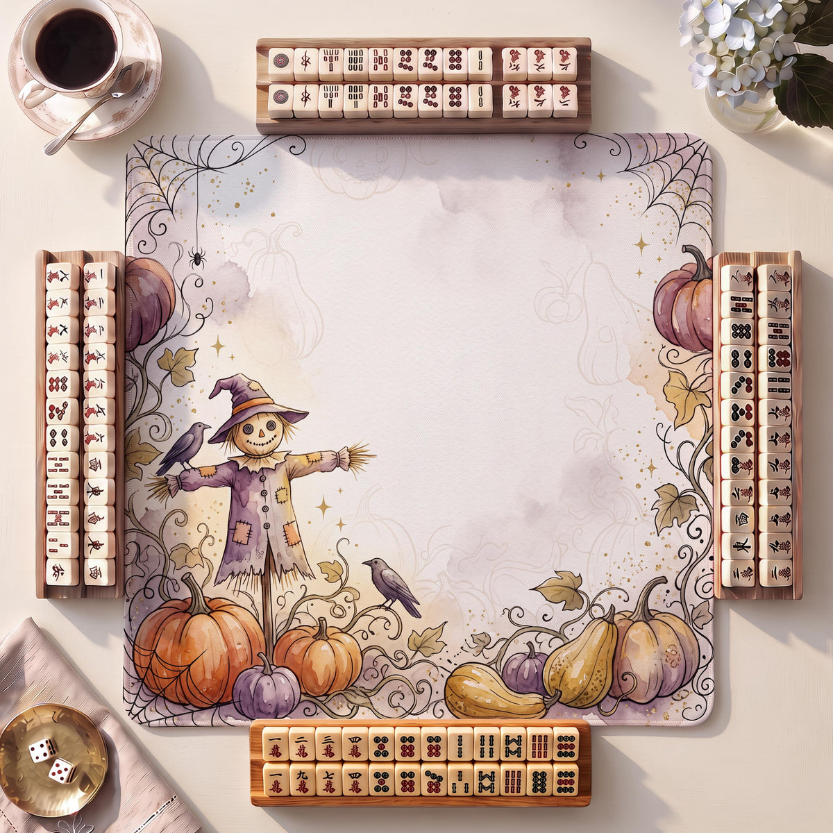 Mahjong Mat, Pumpkin Patch Scarecrow Halloween Watercolor Print - American Mahjong Gifts and Accessories