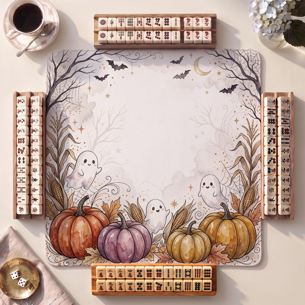 Mahjong Mat, Ghost Trio Pumpkins Halloween Watercolor Print - American Mahjong Gifts and Accessories