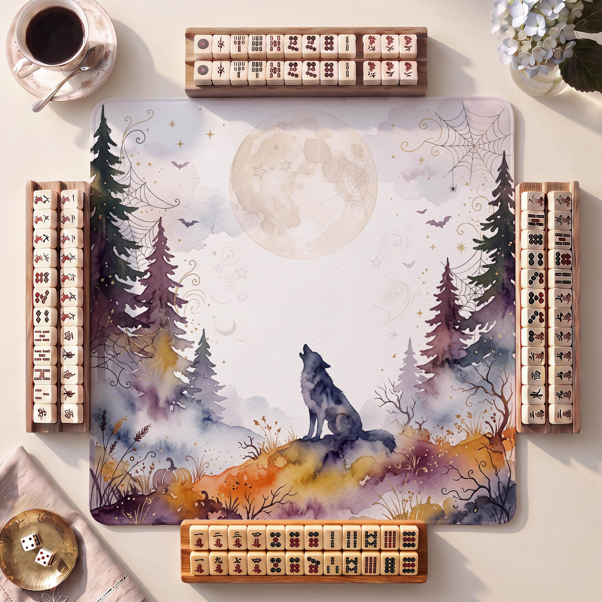 Mahjong Mat, Werewolf Moon Hill Halloween Watercolor Print - American Mahjong Gifts and Accessories