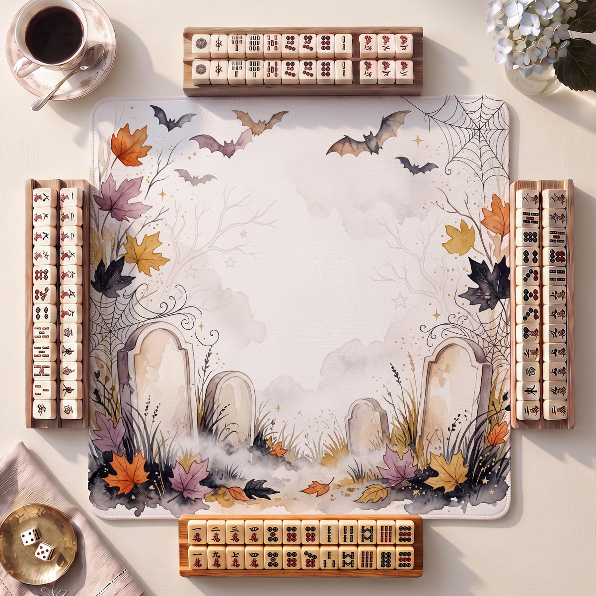Mahjong Mat, Graveyard Tombstones Halloween Watercolor Print - American Mahjong Gifts and Accessories