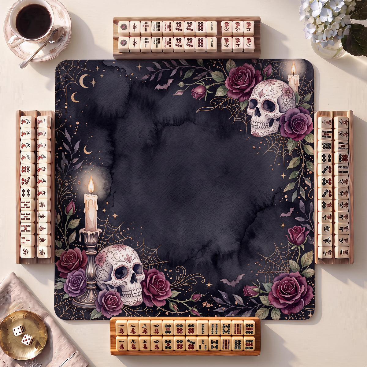 Mahjong Mat, Gothic Candles Skull Halloween Watercolor Print - American Mahjong Gifts and Accessories