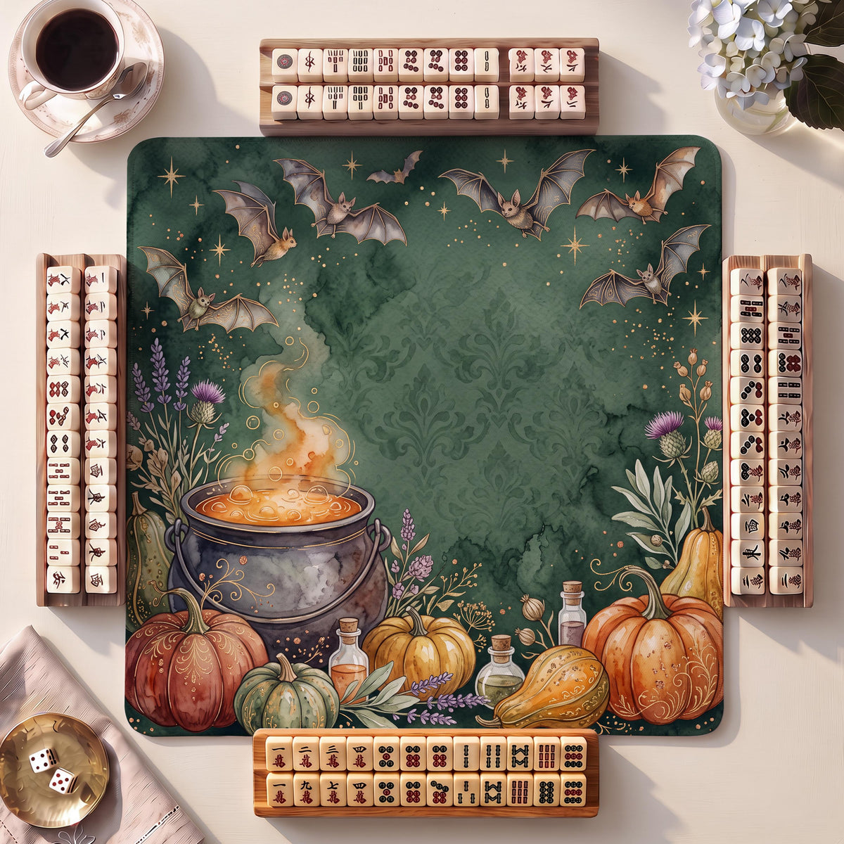 Mahjong Mat, Cauldron Herbs Halloween Watercolor Print - American Mahjong Gifts and Accessories