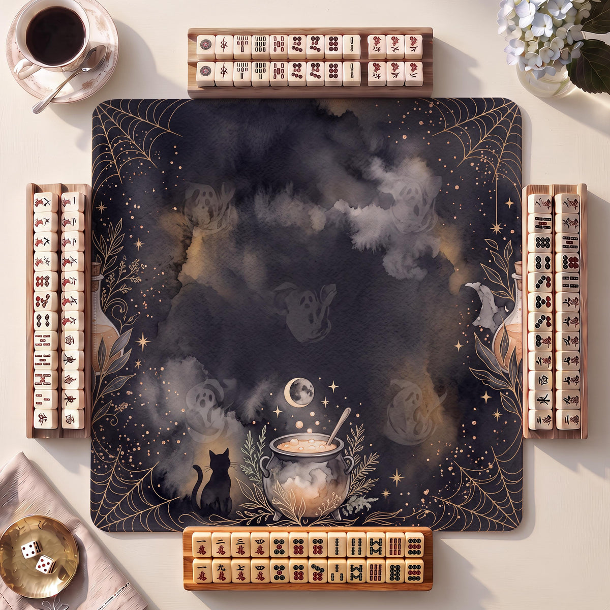 Mahjong Mat, Black Cauldron Halloween Watercolor Print - American Mahjong Gifts and Accessories