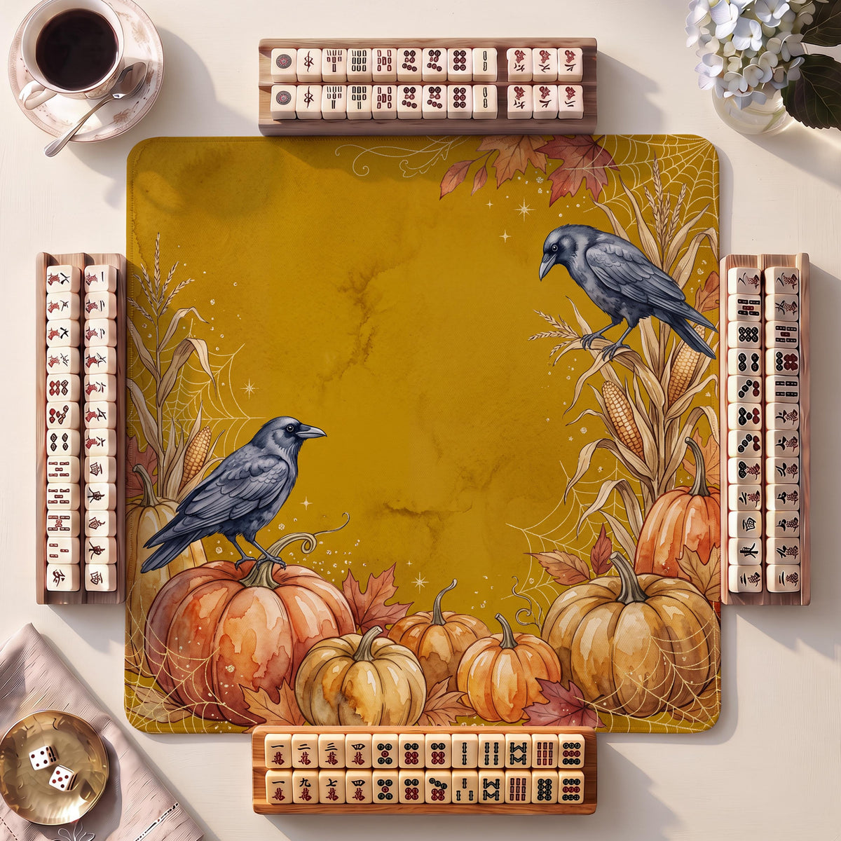 Mahjong Mat, Crow Pumpkins Halloween Watercolor Print - American Mahjong Gifts and Accessories