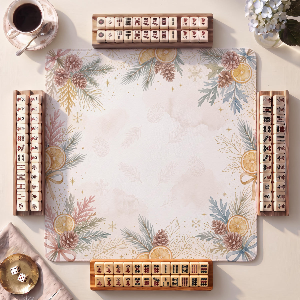 Mahjong Mat, Pine Cone Cedar Christmas Watercolor Print - For Family Game Night