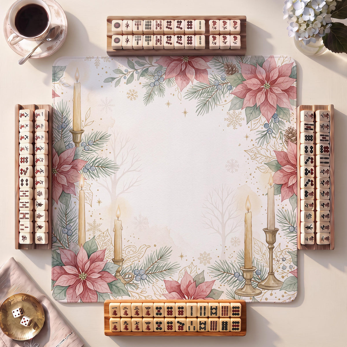 Mahjong Mat, Candle Poinsettia Christmas Watercolor Print - American Mahjong Gifts and Accessories