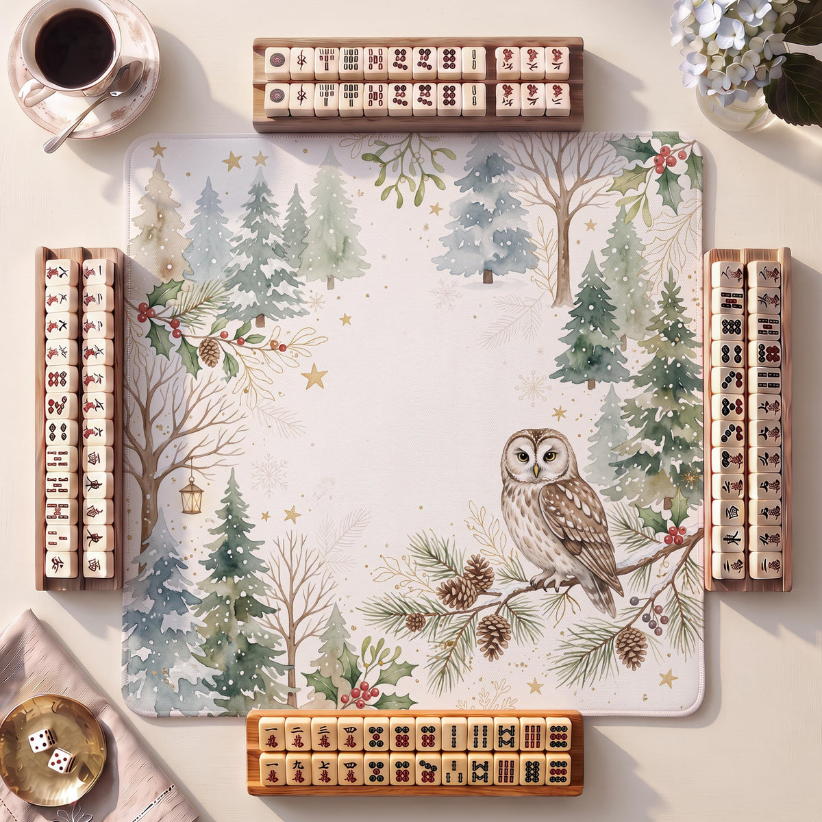 Mahjong Mat, Owl Snowy Pine Christmas Watercolor Print - American Mahjong Gifts and Accessories