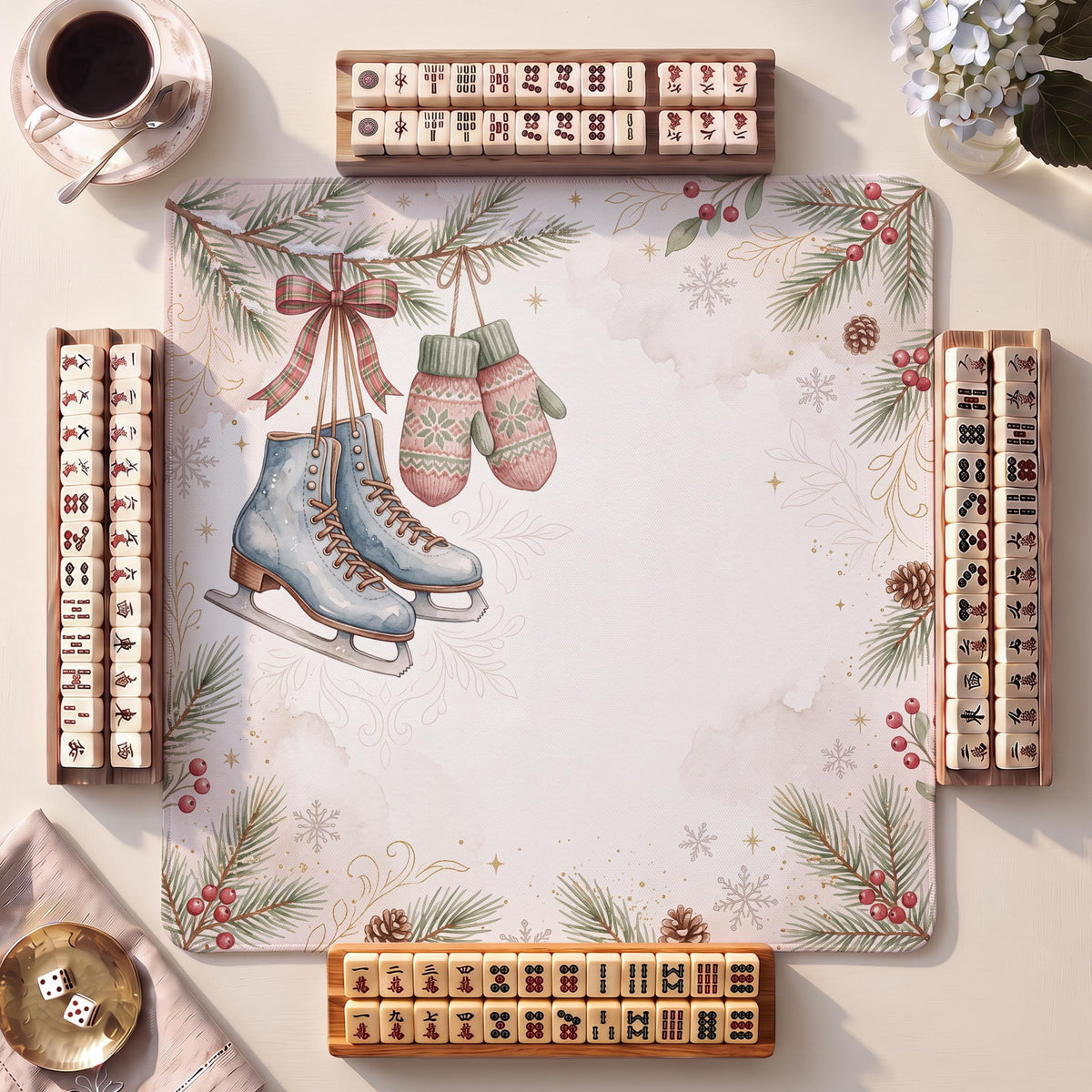 Mahjong Mat, Ice Skates Mittens Christmas Watercolor Print - American Mahjong Gifts and Accessories