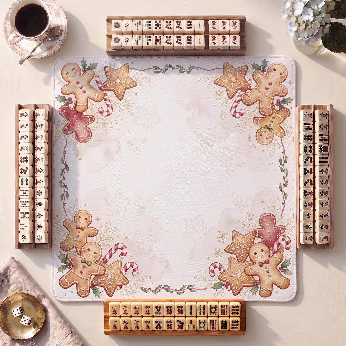 Mahjong Mat, Gingerbread Candycane Christmas Watercolor Print - American Mahjong Gifts and Accessories