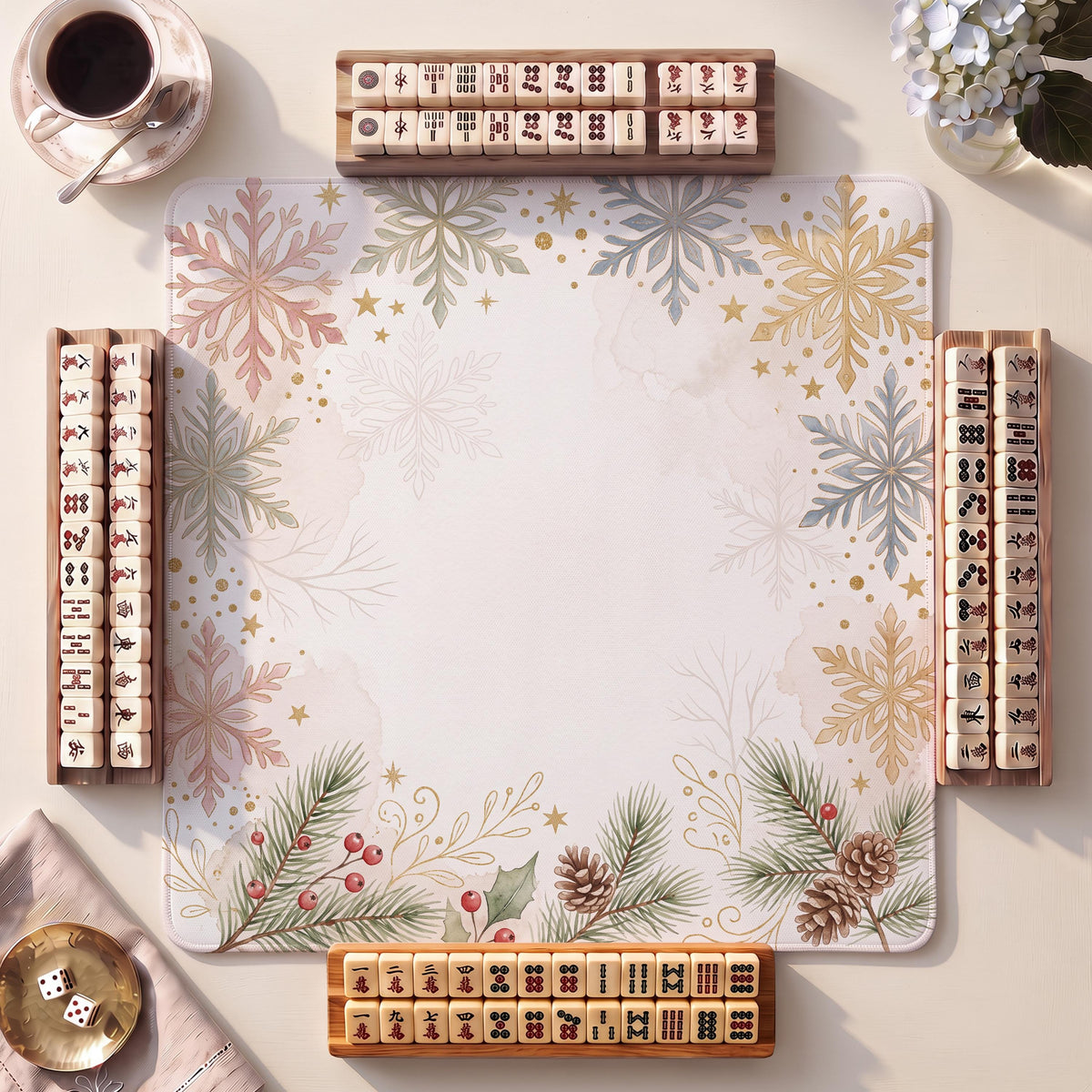 Mahjong Mat, Snowflakes Stars Christmas Watercolor Print - American Mahjong Gifts and Accessories