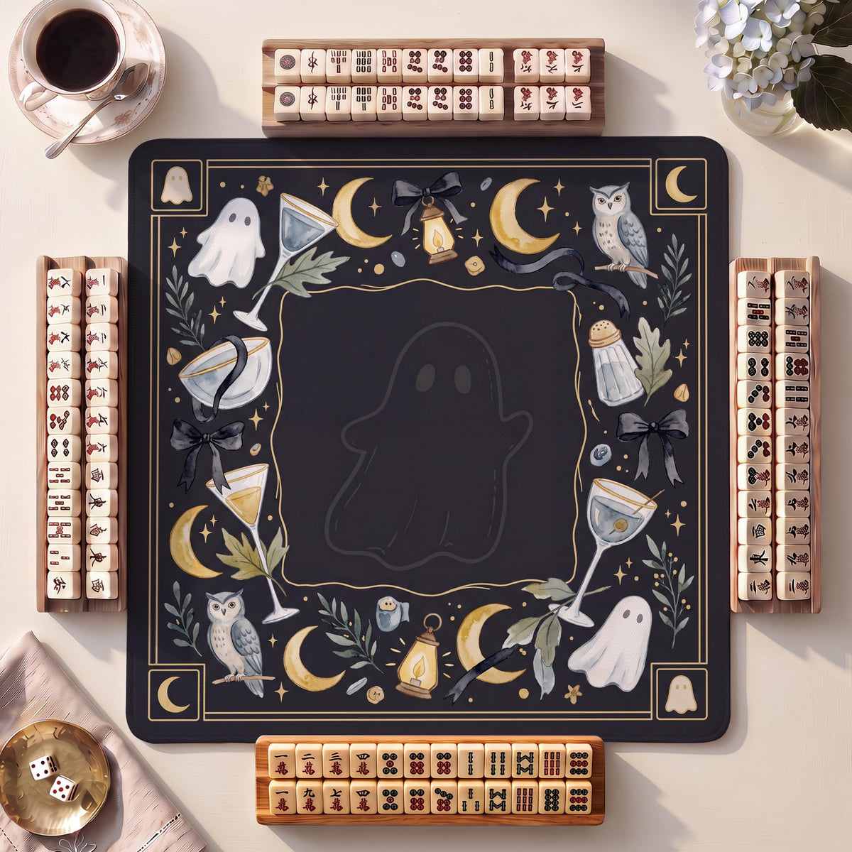 Mahjong Mat, Ghost & Owl Night Halloween Watercolor Print - American Mahjong Gifts and Accessories