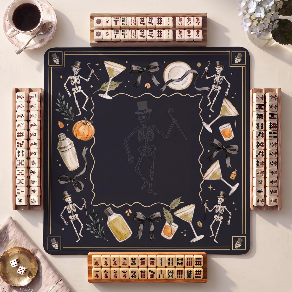 Mahjong Mat, Dancing Skeletons & Top Hats Halloween Watercolor - American Mahjong Gifts and Accessories