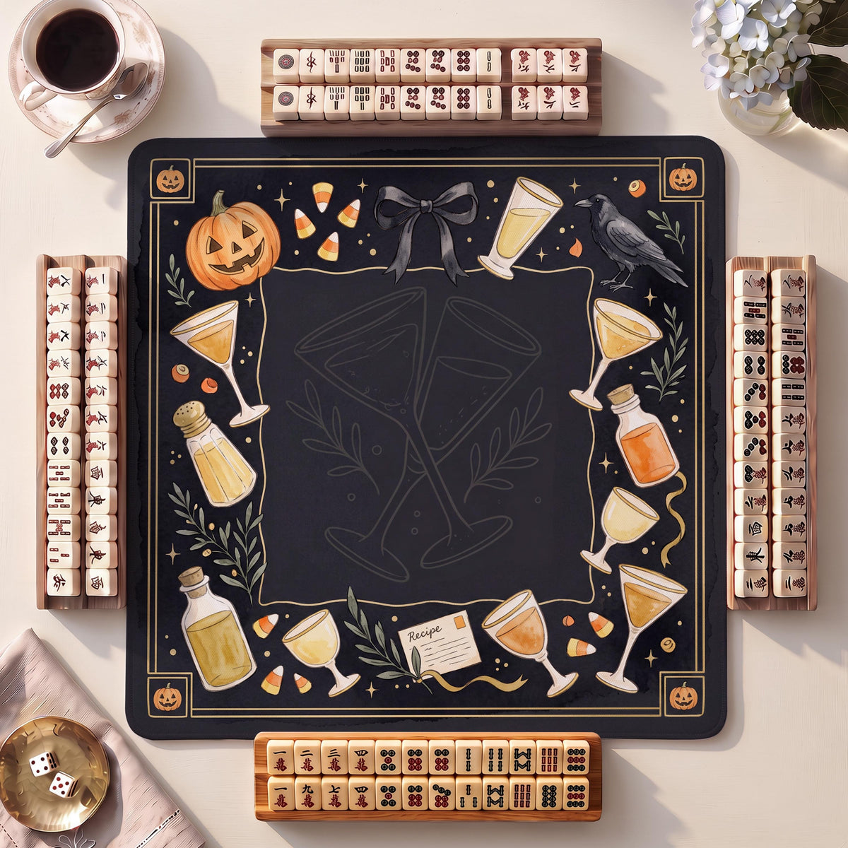 Mahjong Mat, Candy Corn & Jack-o'-Lantern Halloween Watercolor Print - American Mahjong Gifts and Accessories