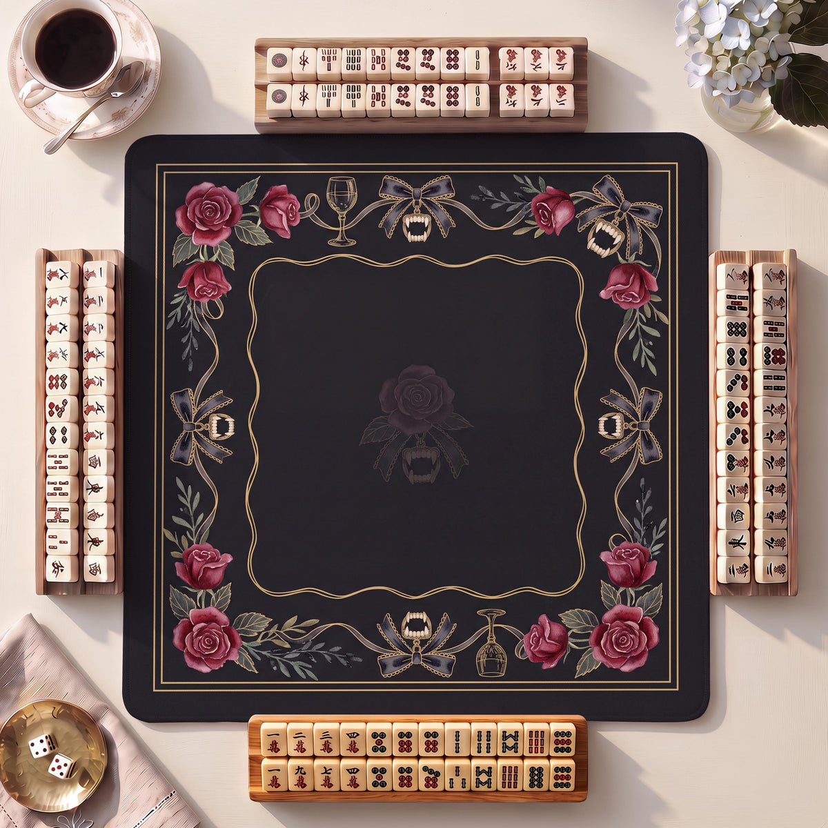 Mahjong Mat, Vampire Rose & Wine Halloween Watercolor Print - American Mahjong Gifts and Accessories