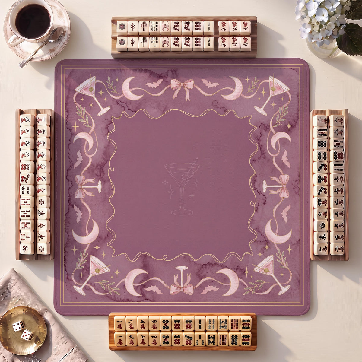 Mahjong Mat, Mauve Midnight Toast Halloween Watercolor Print - American Mahjong Gifts and Accessories