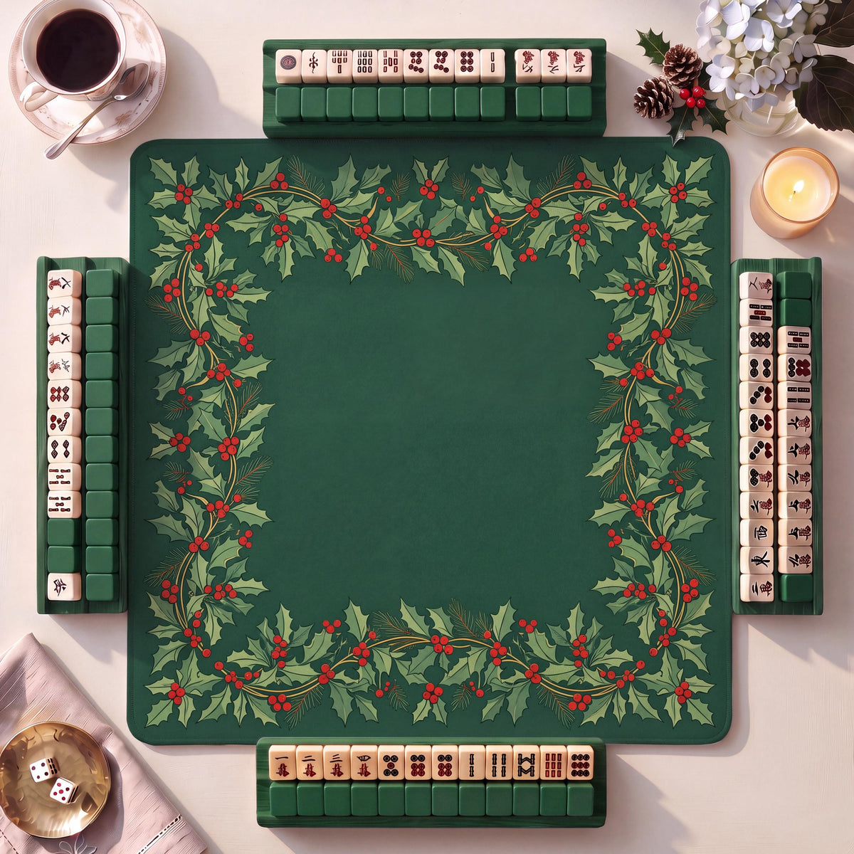 Mahjong Mat, Green Christmas Watercolor Print - American Mahjong Gifts and Accessories