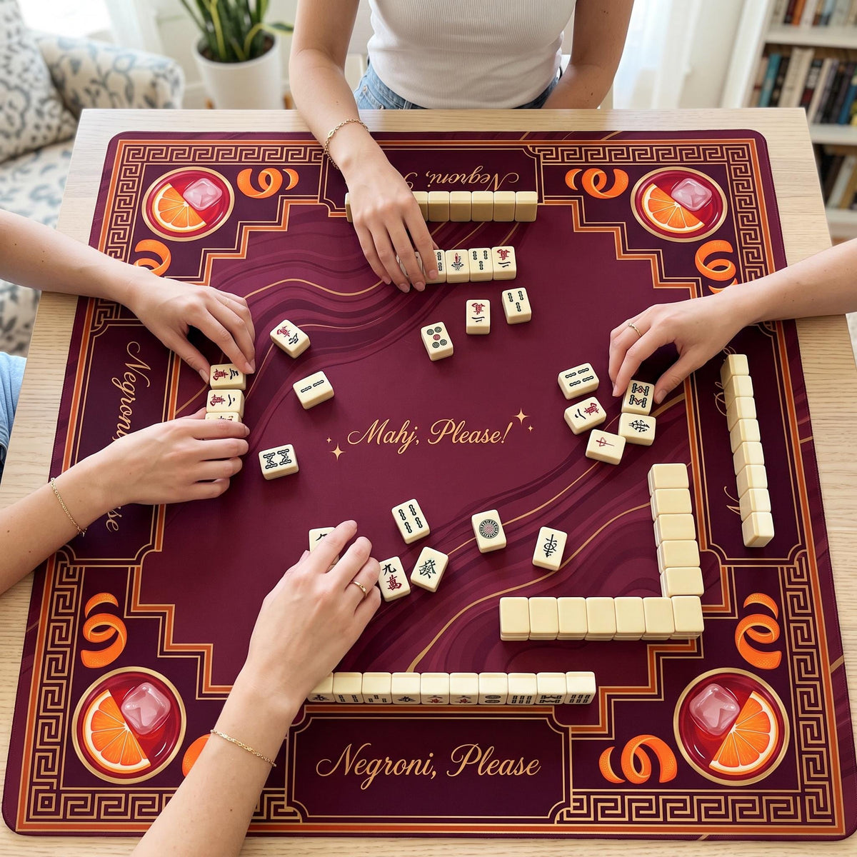 Mahjong Mat, Negroni Please Burgundy Greek Key Cocktail Print - American Mahjong Gifts and Accessories
