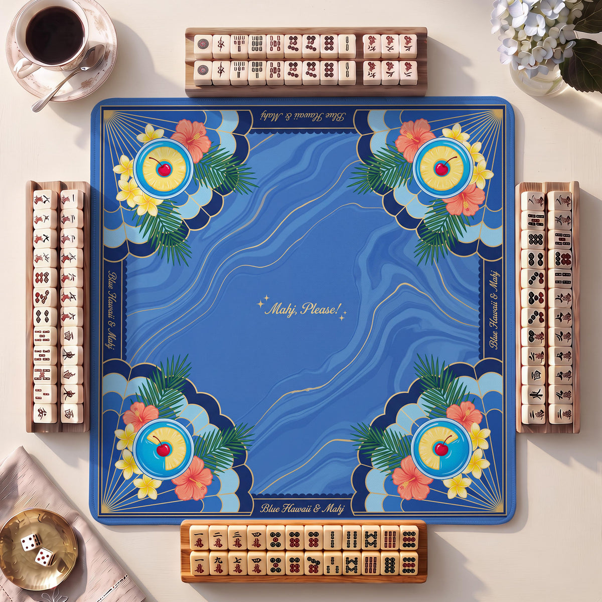 Mahjong Mat, Blue Hawaii Tropical Cocktail Print - American Mahjong Gifts and Accessories