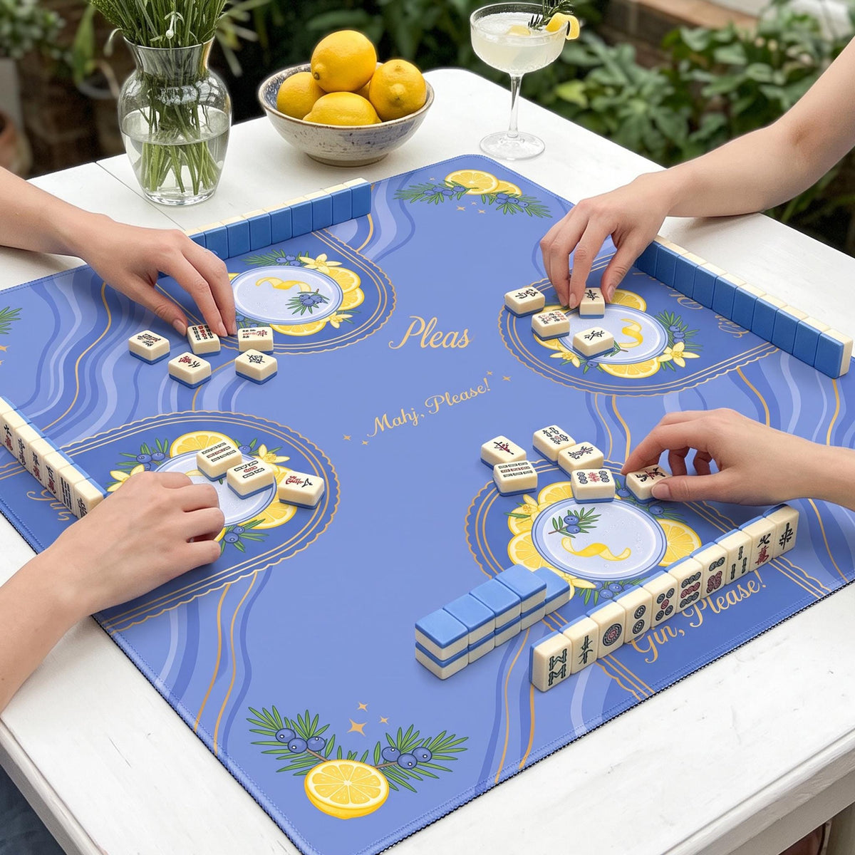 Mahjong Mat, Gin Fizz Cornflower Blue Cocktail Print - American Mahjong Gifts and Accessories
