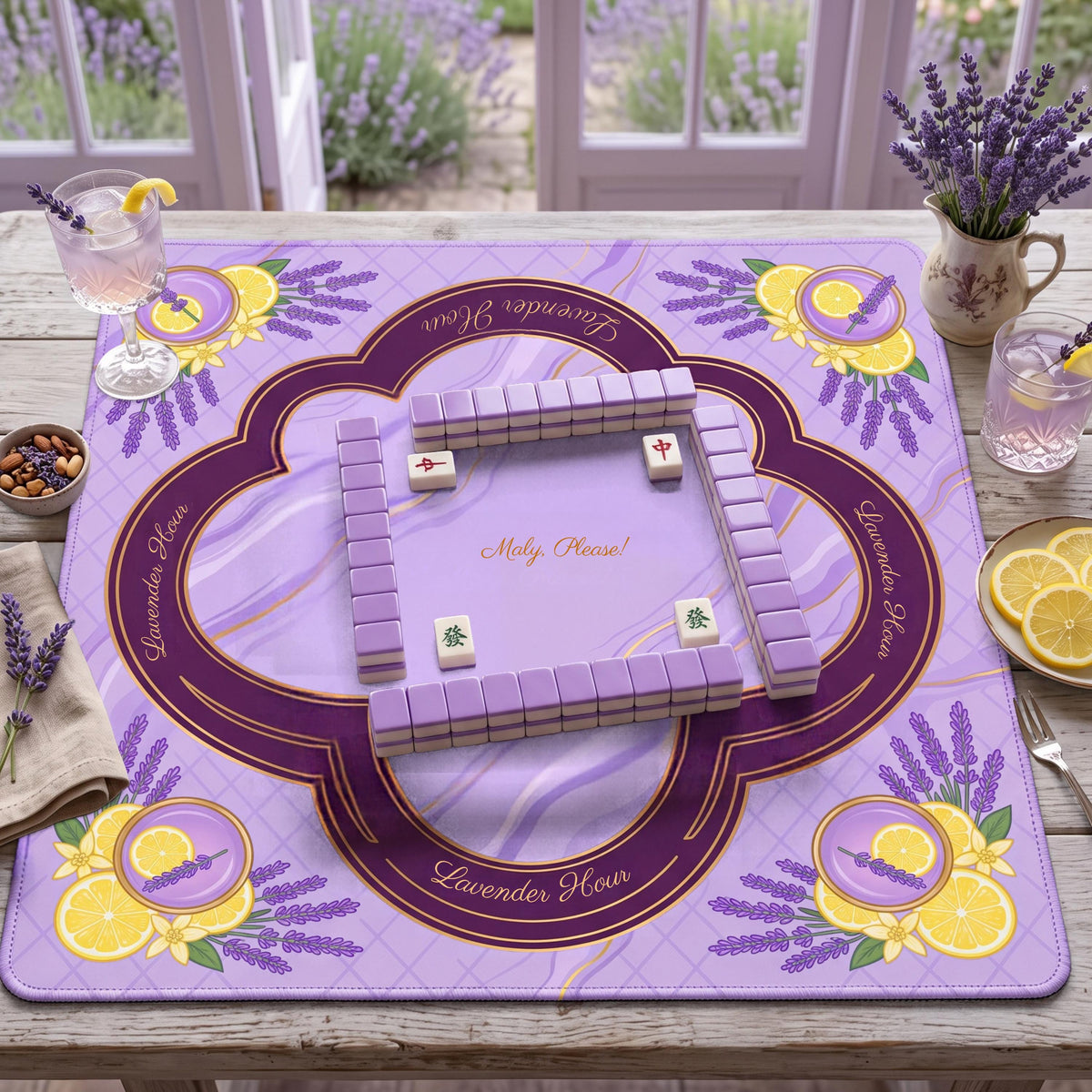 Mahjong Mat, Lavender Hour Lilac Fizz Cocktail Print - American Mahjong Gifts and Accessories