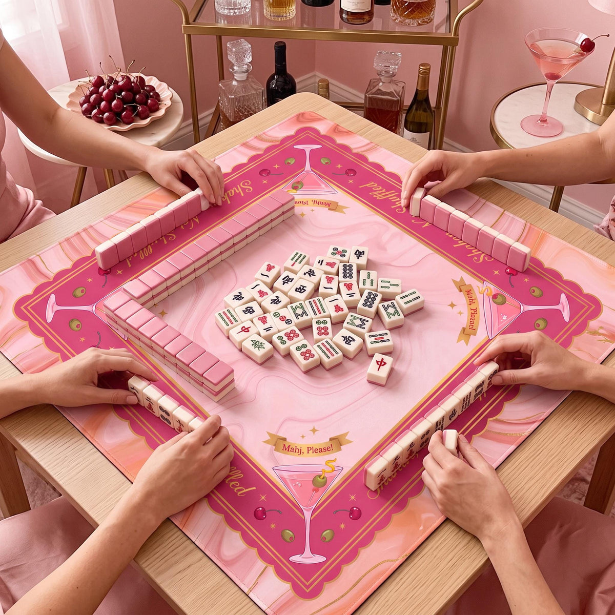 Mahjong Mat, Pink Martini Cherry Diamond Cocktail Print - American Mahjong Gifts and Accessories