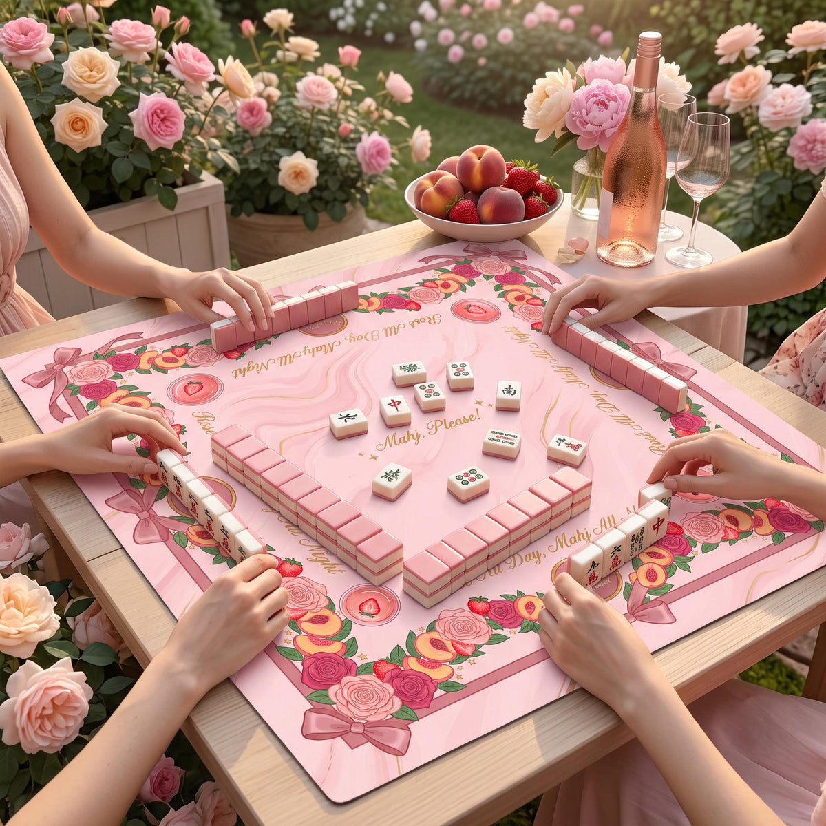 Mahjong Mat, Rose All Day Garland Cocktail Print - American Mahjong Gifts and Accessories