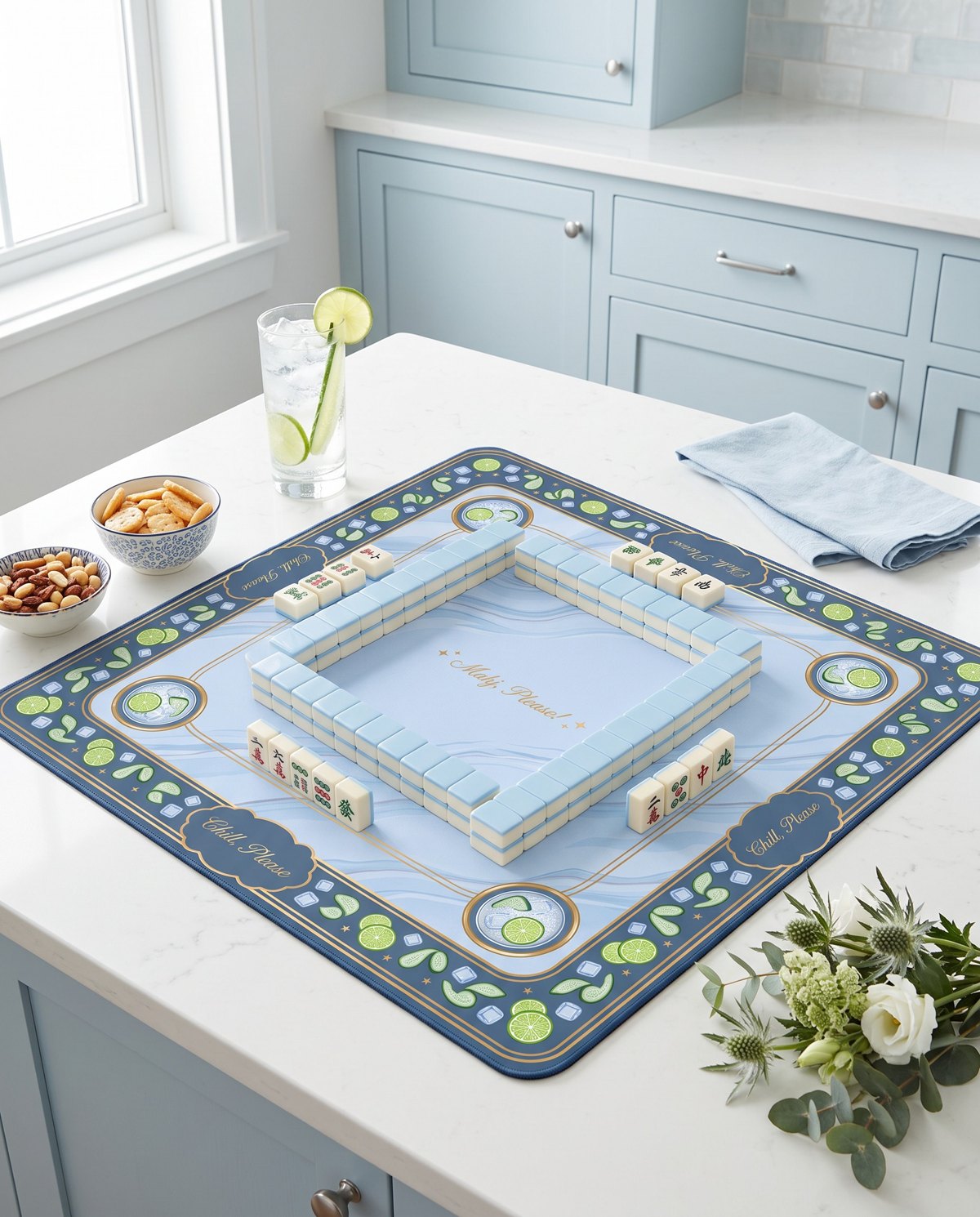 A Mahj Please mat set up for game night